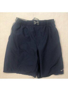 Nike Swim Trunks Navy Blue Gray Shorts Lined Elastic Waist Drawstring Mens Small